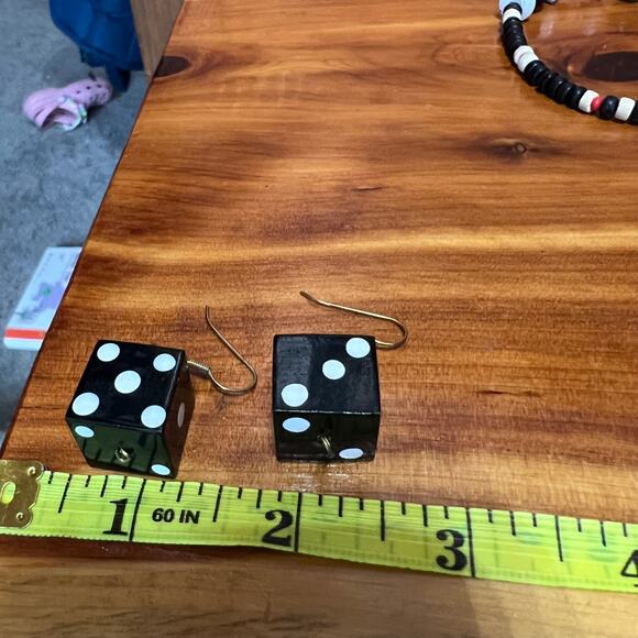 Vtg Handmade Dice Black Beaded Necklace Dangle Earrings Set Screw Poker Cards - Picture 3 of 8